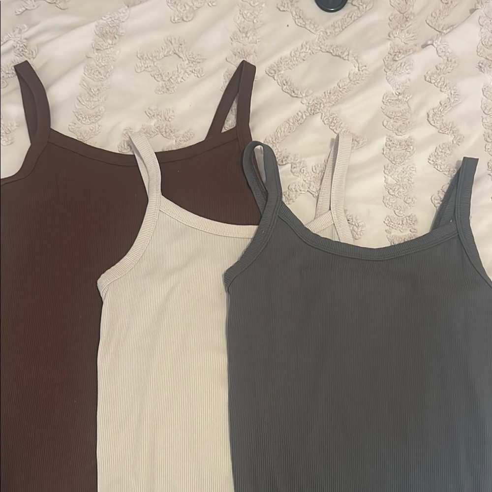 Trio of Ribbed Tank Tops - Brown, Cream, Gray